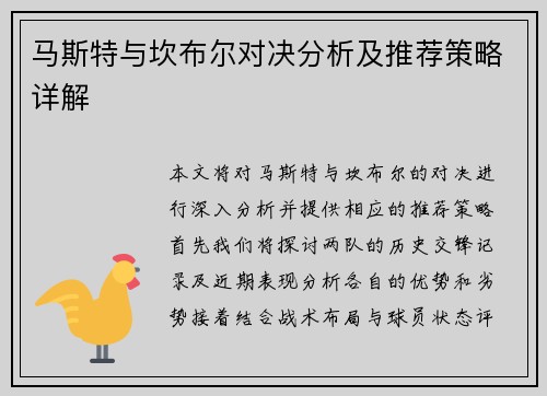 马斯特与坎布尔对决分析及推荐策略详解